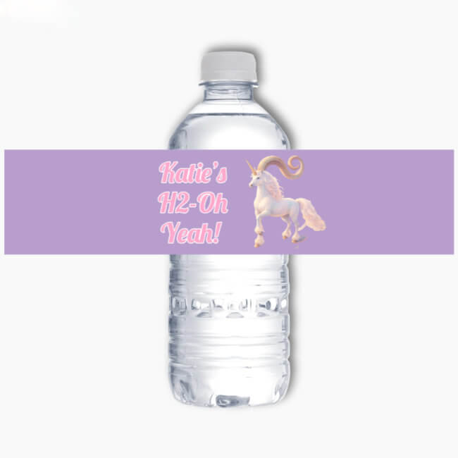 Personalised AI image water bottle label with unicorn design and “Katie’s H2-Oh Yeah!” text on purple background