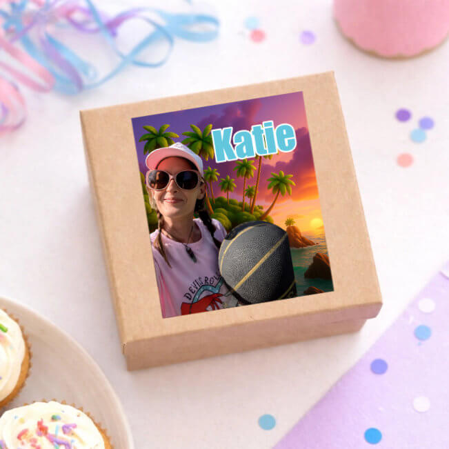 Personalised AI photo magic rectangle sticker with custom photo and name “Katie” on gift box for party or business use