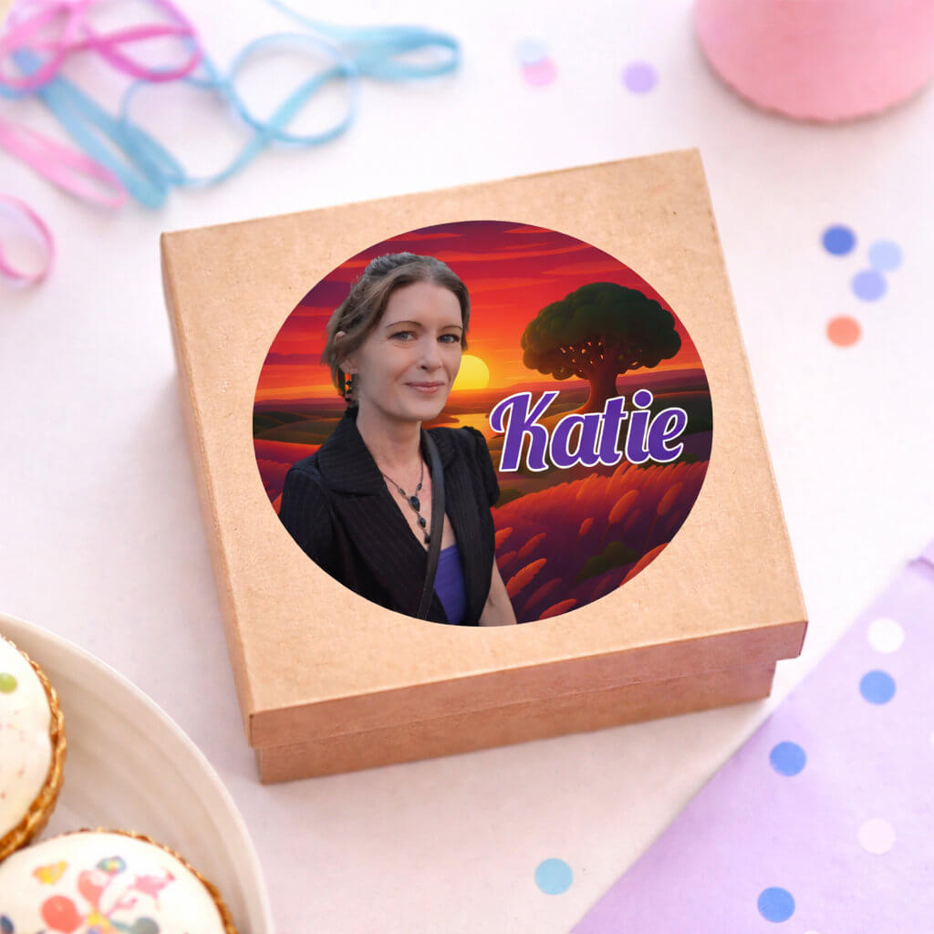 Personalised AI photo magic round sticker with custom photo and name on gift box for party or business use