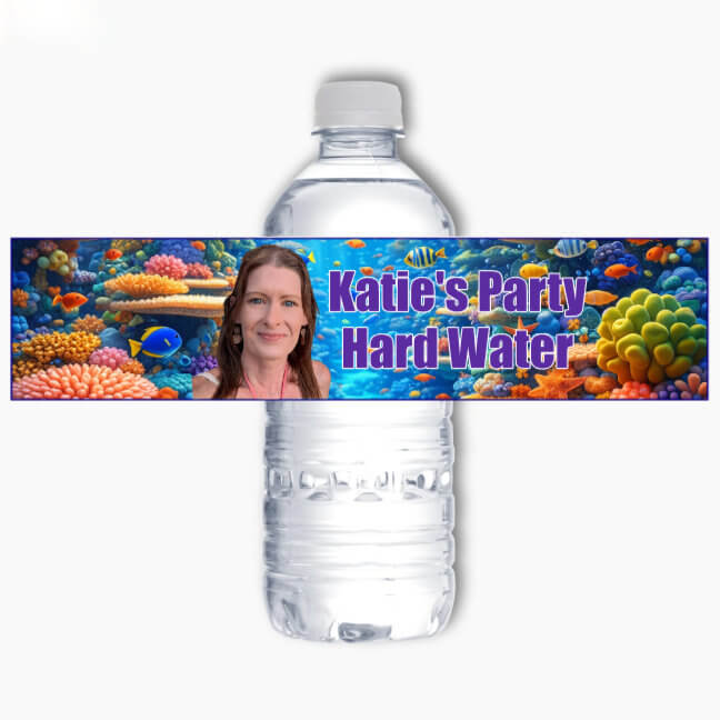Personalised AI photo water bottle label with custom ocean theme and “Katie’s Party Hard Water” text on bottle