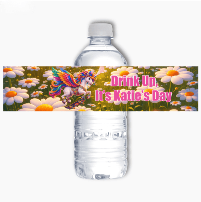 Personalised AI water bottle label with unicorn design and “Drink Up, It’s Katie’s Day” text for birthday party