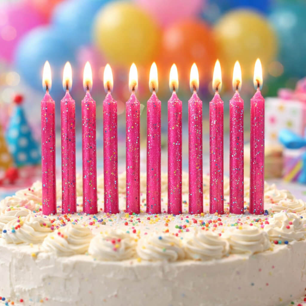 Pink glitter birthday candles on cake with sprinkles for party celebration