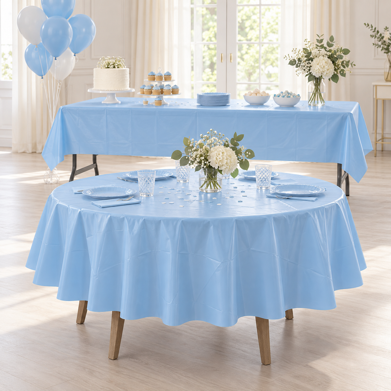 Illustration of a folded Powder Blue plastic table cover