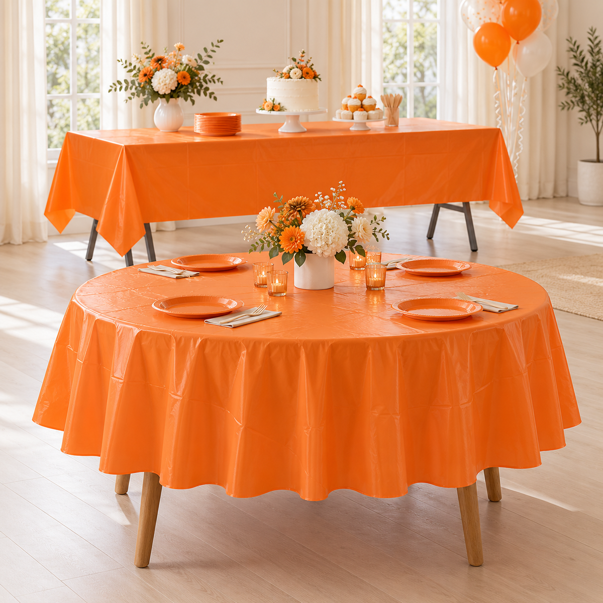 Pumpkin Orange party table styling illustration; one rectangular cover supplied, props excluded