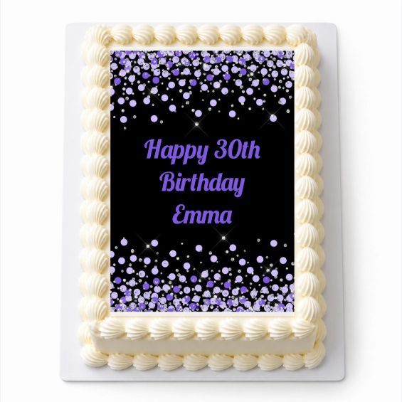 Personalised Purple Confetti A4 icing sheet fitted on a rectangular cake