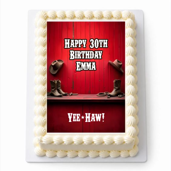 Personalised Red Western A4 icing sheet fitted on a rectangular cake