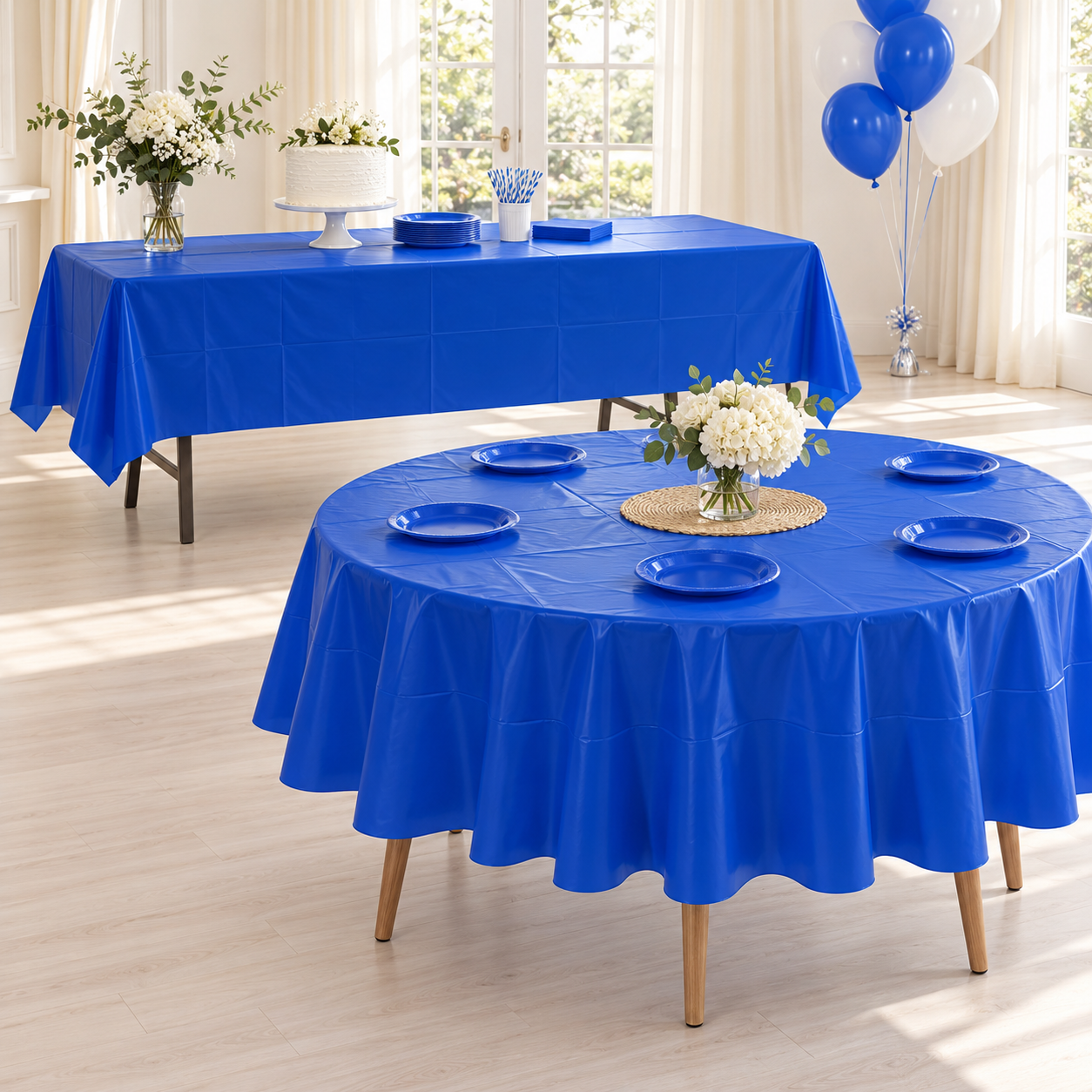 Illustration of a folded Royal Blue plastic table cover