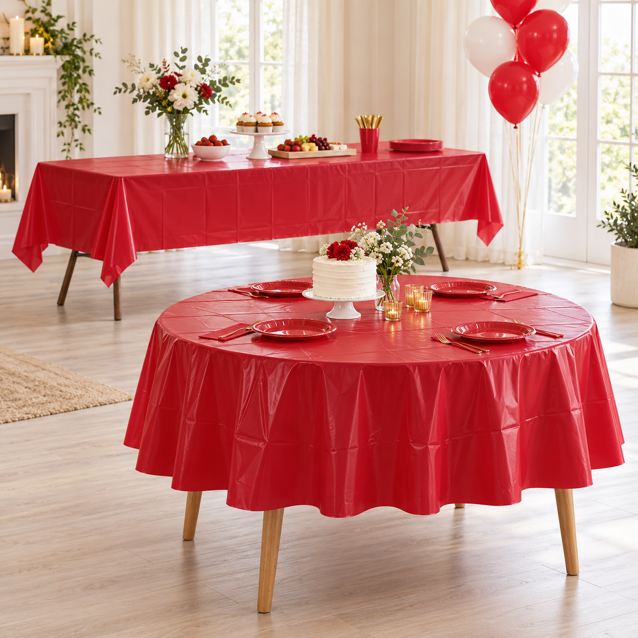 Illustration of a folded Ruby Red plastic table cover