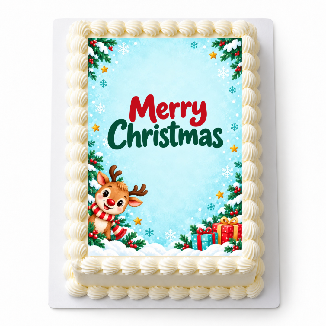 Rudolph Christmas A4 edible icing sheet with Merry Christmas lettering, a reindeer and presents on snowy blue, shown on a rectangular cake.