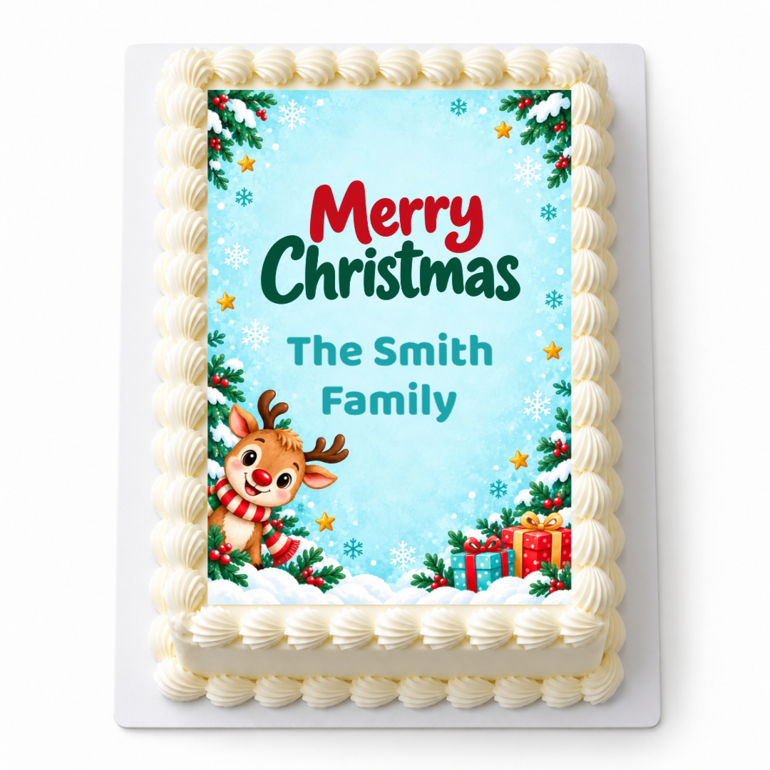 Personalised Rudolph Christmas A4 icing sheet with The Smith Family name, Merry Christmas lettering and a reindeer, shown on a rectangular cake.