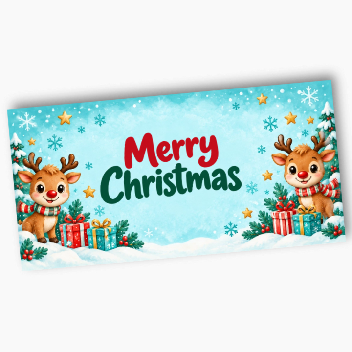 Rudolph Christmas banner with red and green Merry Christmas lettering, two reindeer, presents and snowflakes on a blue background.