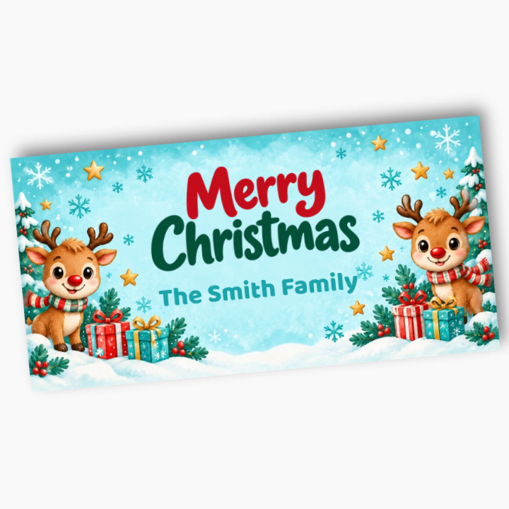 Personalised Rudolph Christmas banner with The Smith Family name, red and green Merry Christmas lettering and reindeer on a snowy blue background.