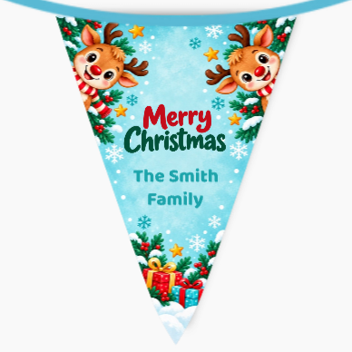 Personalised Rudolph Christmas bunting flag with a child's photo, The Smith Family name, reindeer and presents on a snowy blue background.
