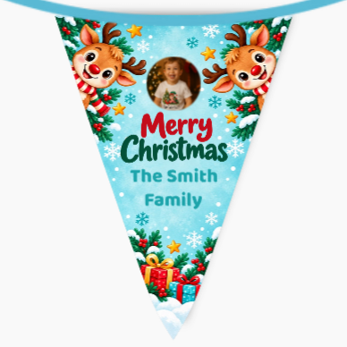 Personalised Rudolph Christmas bunting flag with a child's photo, The Smith Family name, reindeer and presents on a snowy blue background.