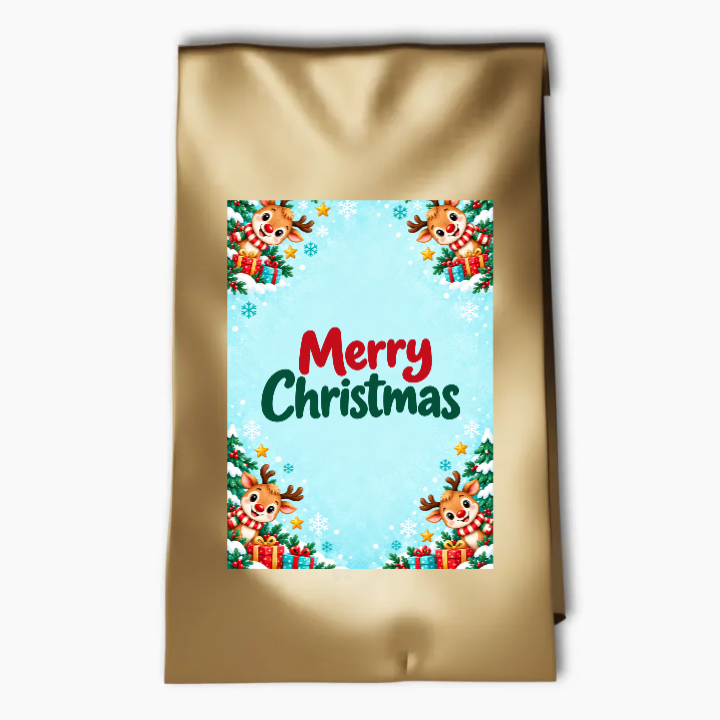Gold Rudolph Christmas party bag with red and green Merry Christmas lettering, reindeer, presents and snowflakes on a blue label.