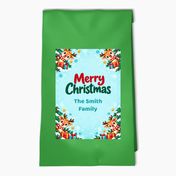 Red Rudolph Christmas party bag with a personalised photo label, family name, reindeer and presents on a snowy blue background.