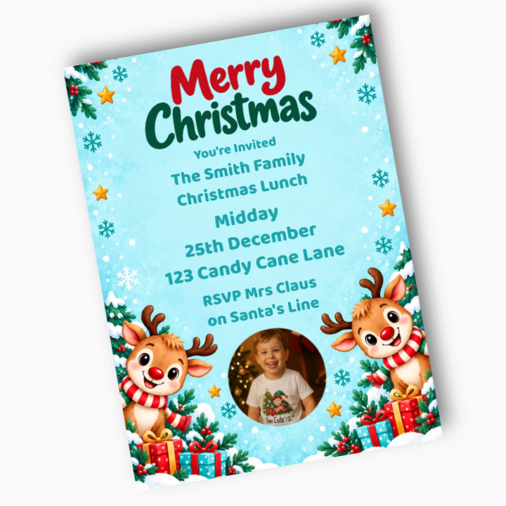 Personalised Rudolph Christmas invitation with a child's photo, Smith family Christmas lunch details, two reindeer and presents on snowy blue.