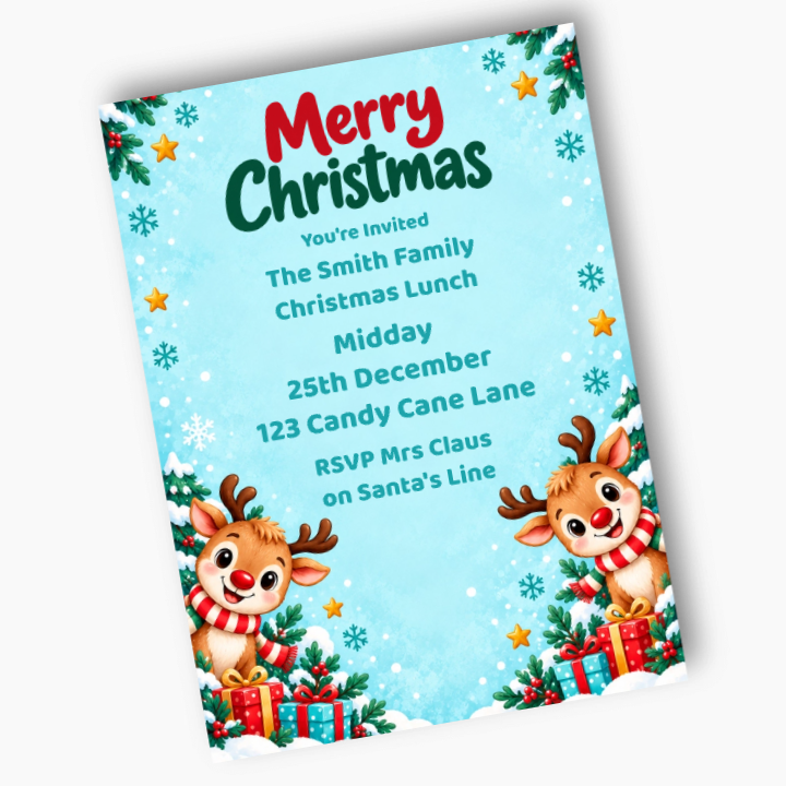 Personalised Rudolph Christmas invitation with a child's photo, Smith family Christmas lunch details, two reindeer and presents on snowy blue.