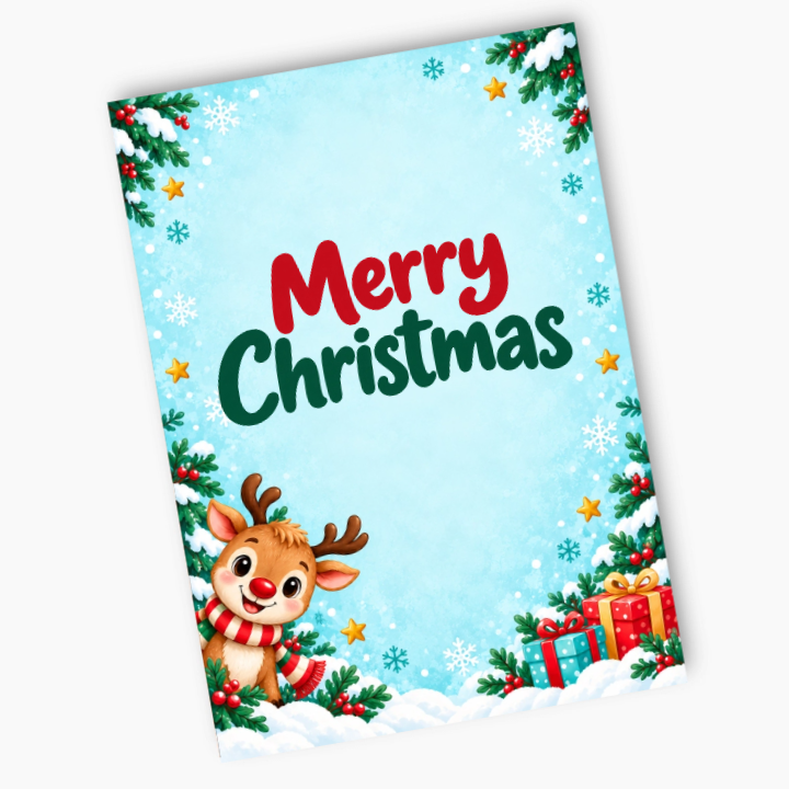 Rudolph Christmas poster with red and green Merry Christmas lettering, a reindeer, presents and snowflakes on a soft blue background.