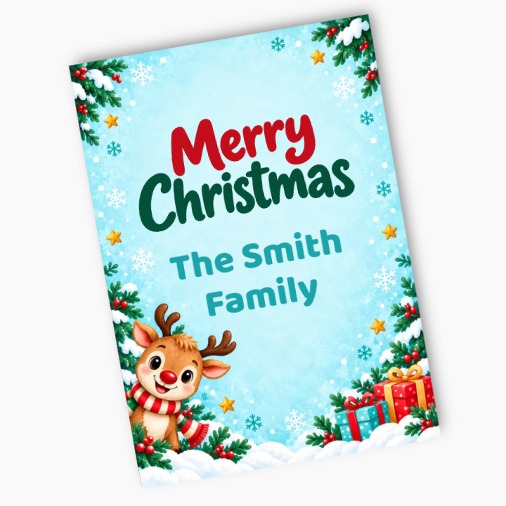 Personalised Rudolph Christmas photo poster with a child's portrait, The Smith Family name, a reindeer and presents on a snowy blue background.