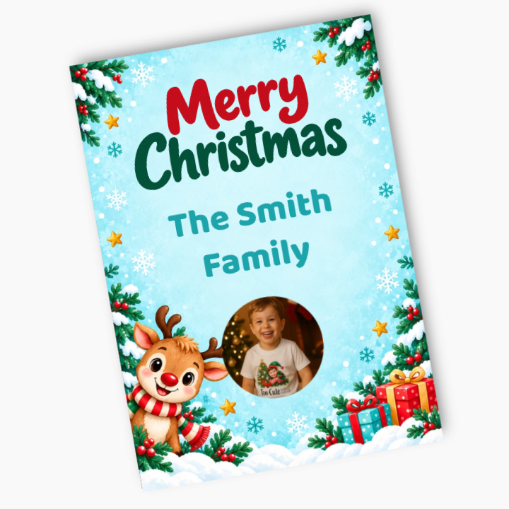 Personalised Rudolph Christmas photo poster with a child's portrait, The Smith Family name, a reindeer and presents on a snowy blue background.