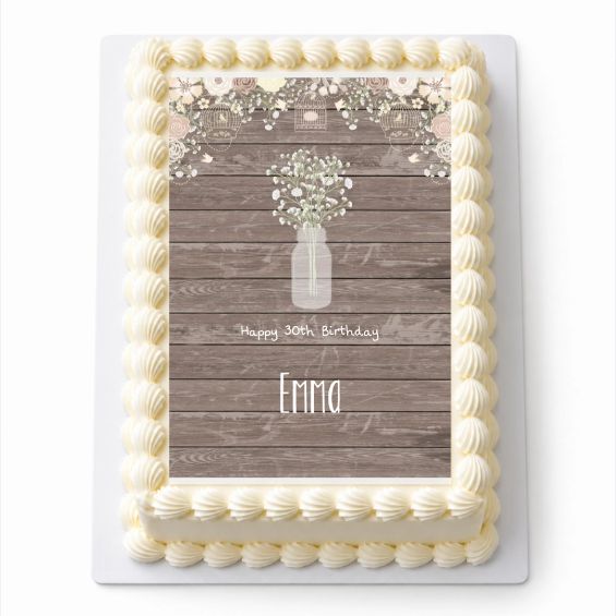 Personalised Rustic Timber and Baby's Breath A4 icing sheet fitted on a rectangular cake