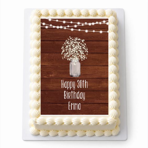 Personalised Rustic Timber and Fairy Lights A4 icing sheet fitted on a rectangular cake