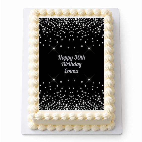 Personalised Silver Confetti A4 icing sheet fitted on a rectangular cake