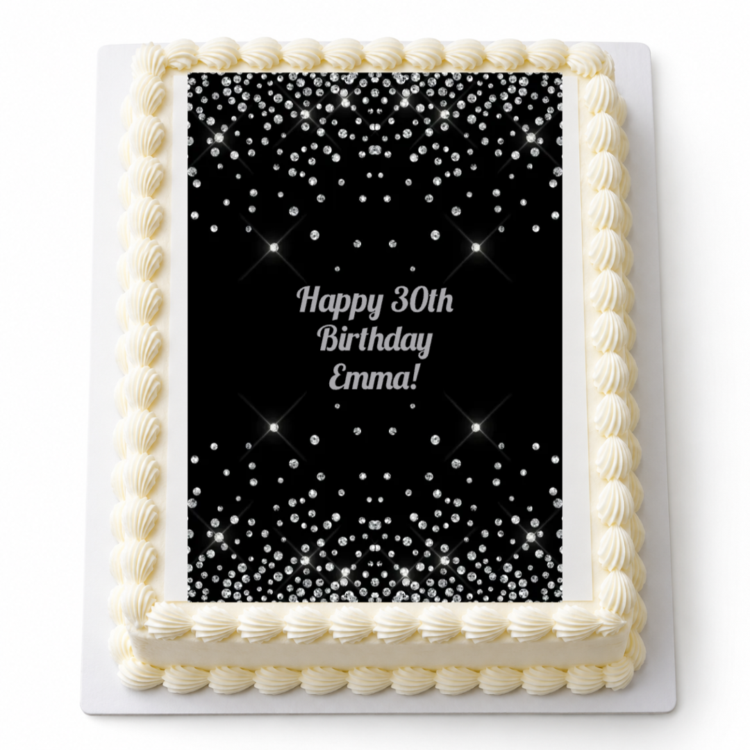 Personalised Silver Confetti A4 rectangle icing sheet on a white cake, with Happy 30th Birthday Emma wording.
