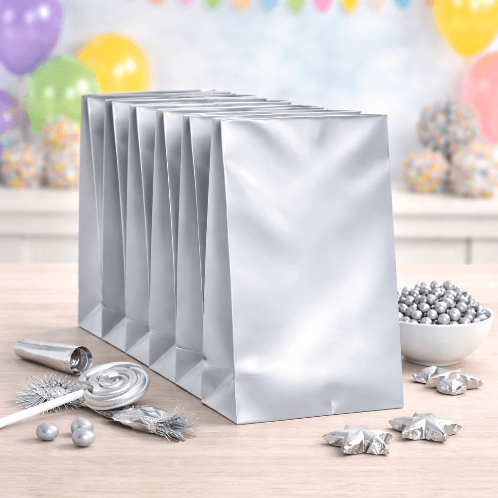 Silver party bags plain loot bags for birthday parties and events, empty paper favour bags Australia