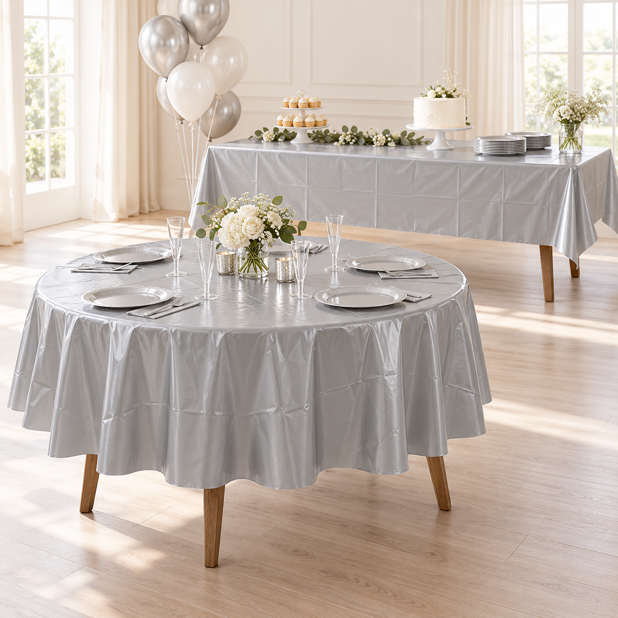 Illustration of a folded Silver plastic table cover