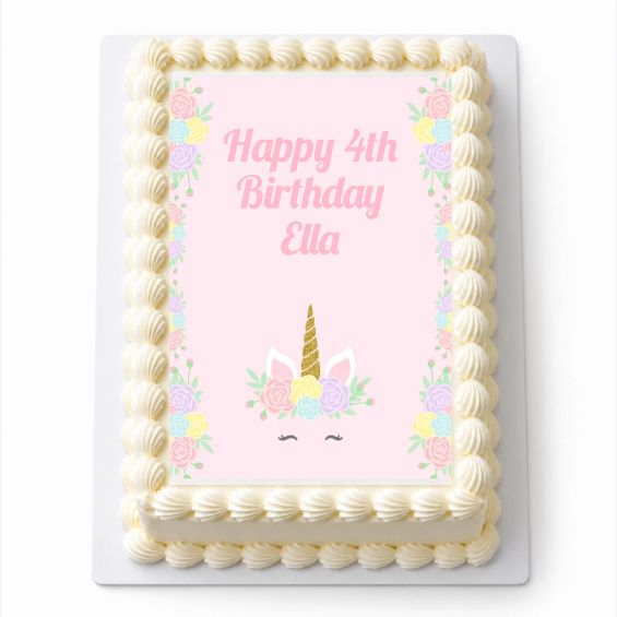 Personalised Sleeping Unicorn A4 icing sheet with pastel flowers fitted to a white rectangular cake