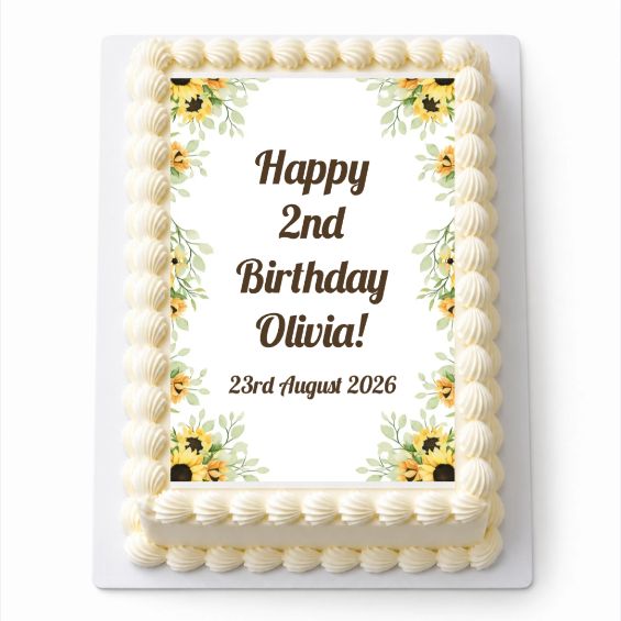 Personalised Sunflower A4 icing sheet fitted on a cream cake, with Happy 2nd Birthday Olivia sample wording. Cake not included.