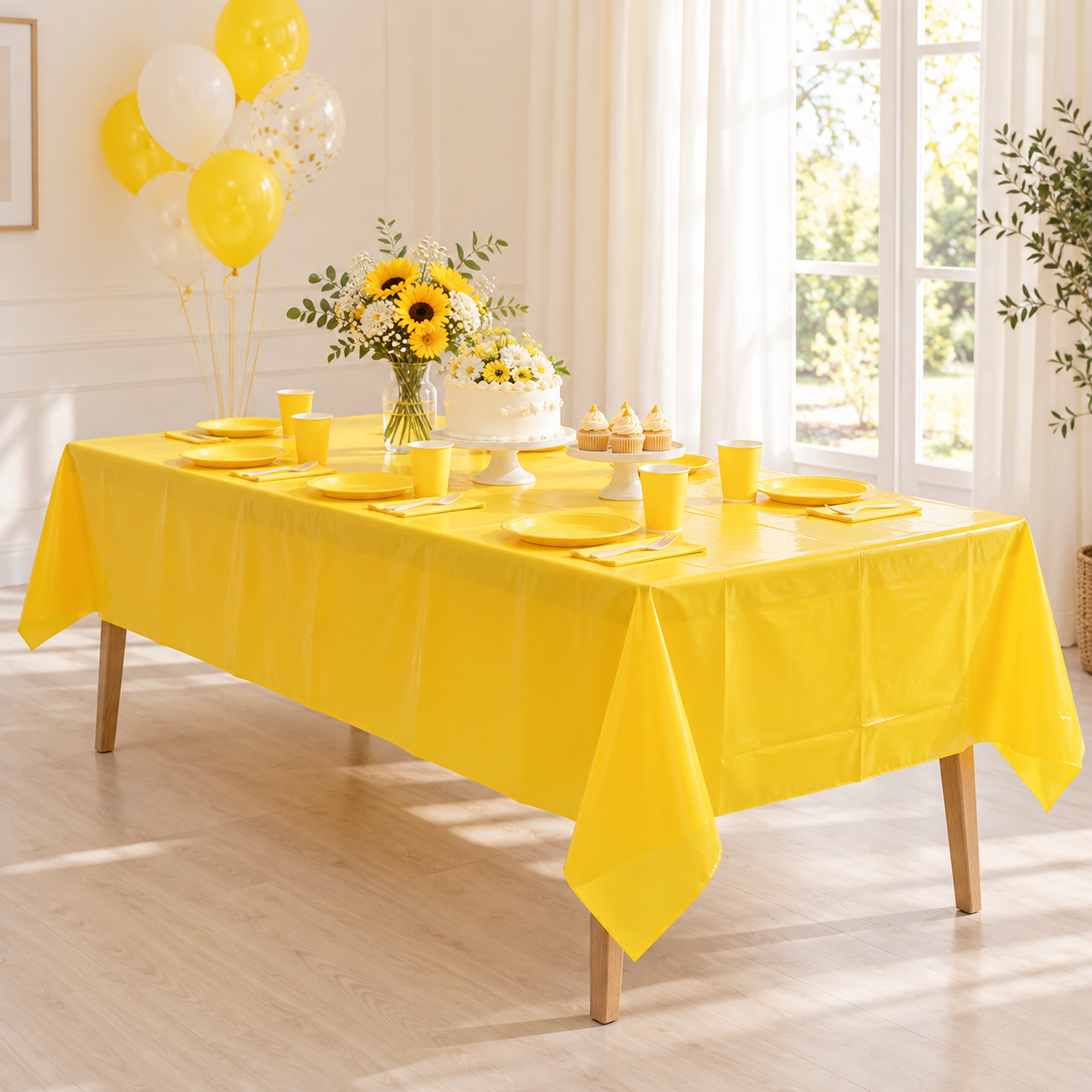 Illustration of a folded Sunflower Yellow plastic table cover