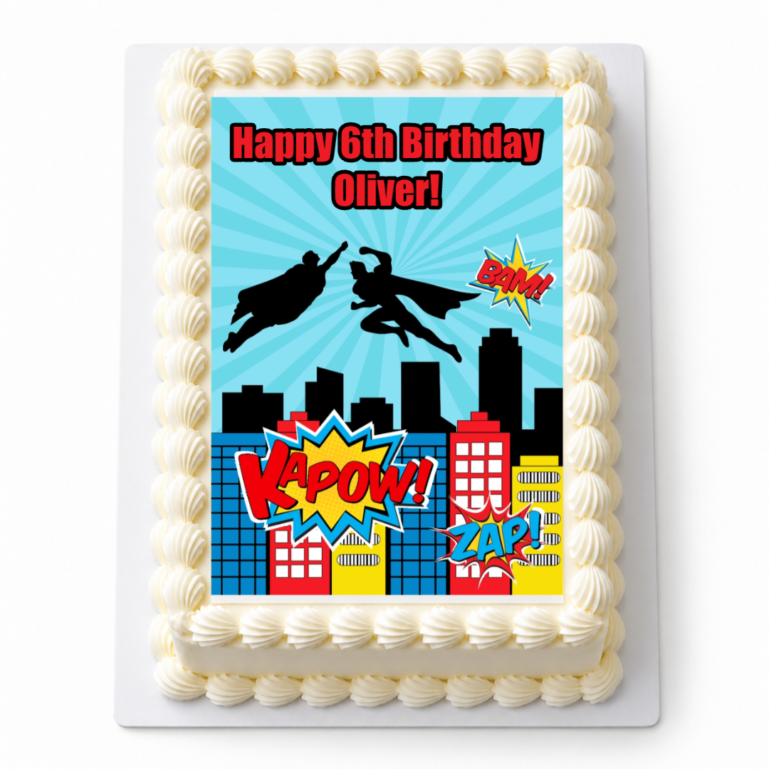Personalised Superheroes A4 icing sheet fitted to a white cake