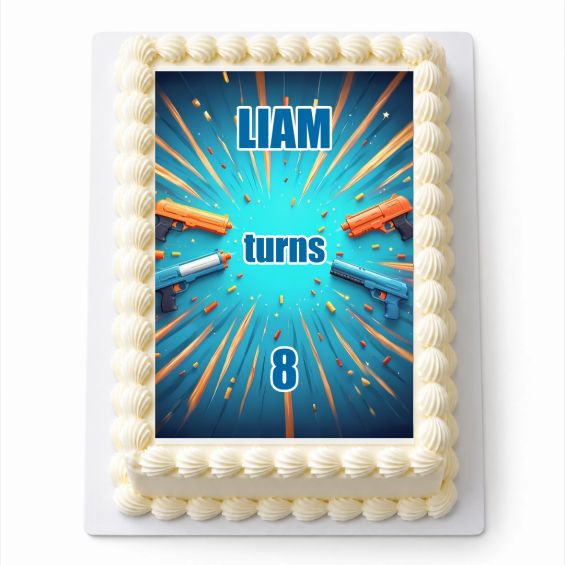 Personalised Toy Blaster A4 icing sheet fitted on a rectangular cake