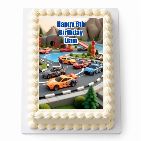 Personalised Toy Race Cars A4 icing sheet fitted on a rectangular cake