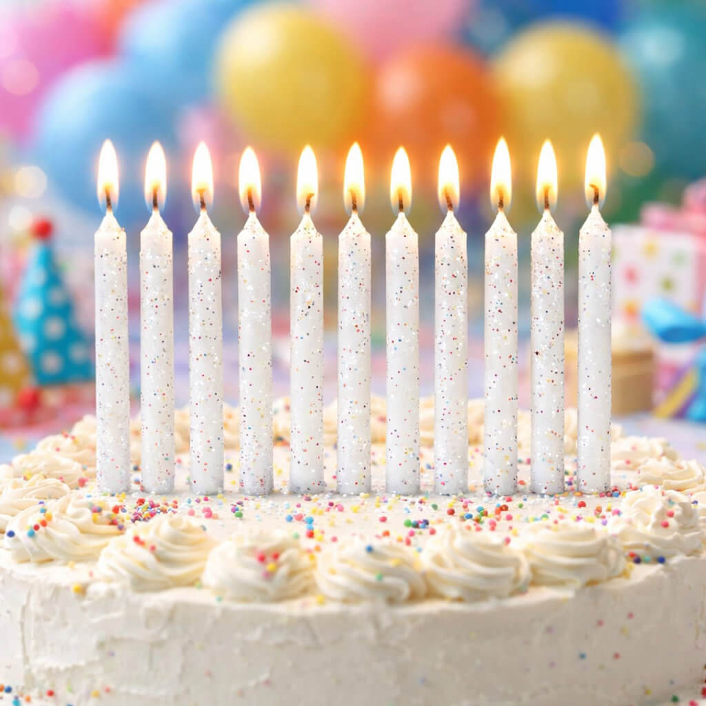 White glitter birthday candles on cake with sprinkles for party celebration