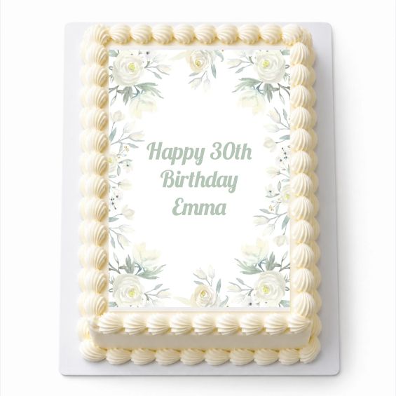 Personalised White Floral A4 rectangle icing sheet fitted on a white cake
