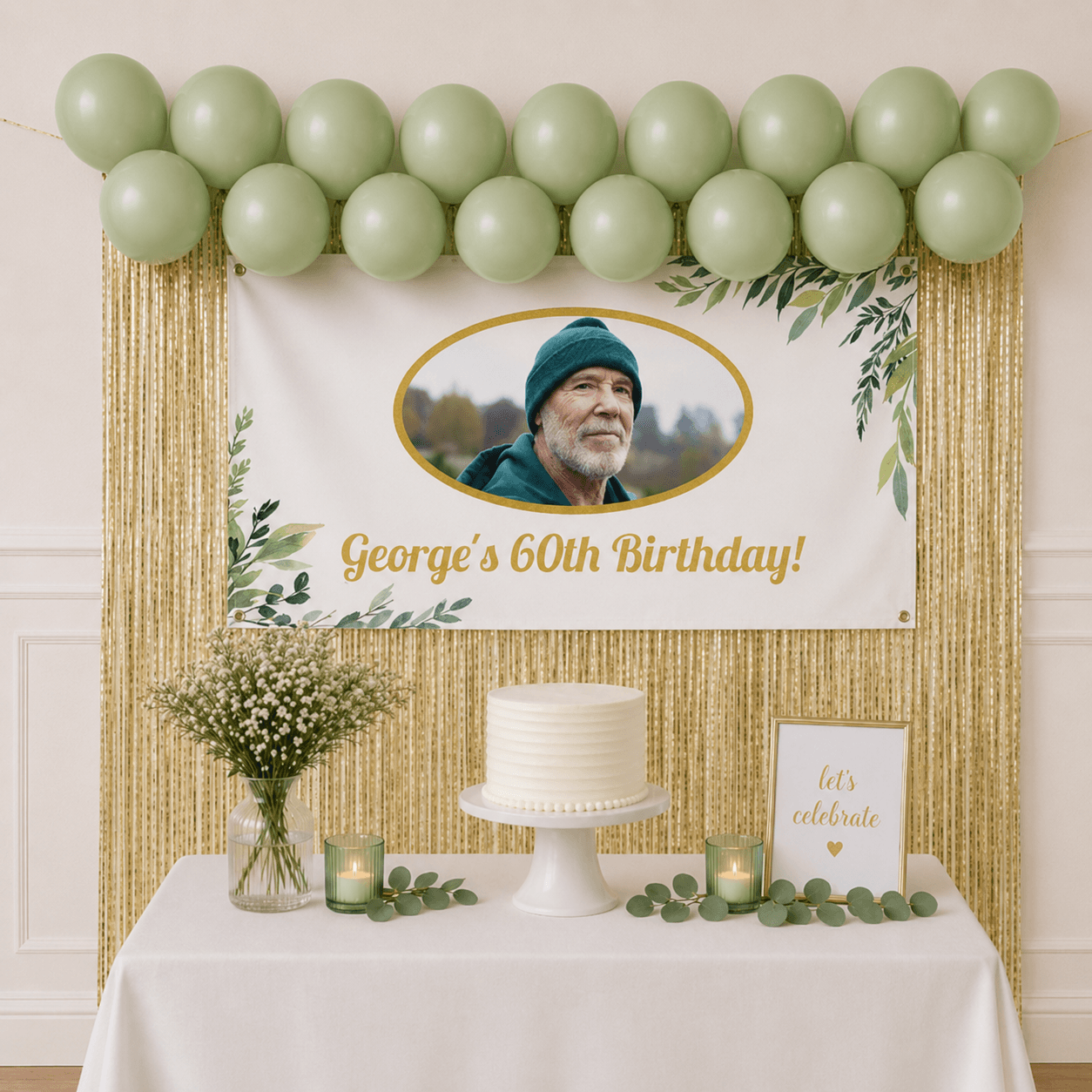 Wholesale eucalyptus celebration party package with personalised photo banner, pastel green balloons and gold foil fringe backdrop