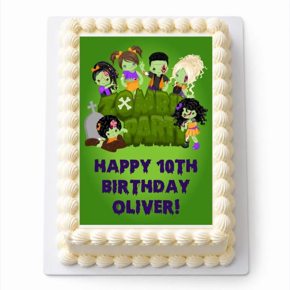 Personalised Zombie Party A4 rectangle icing sheet with cartoon zombies on green, fitted to a white cake.