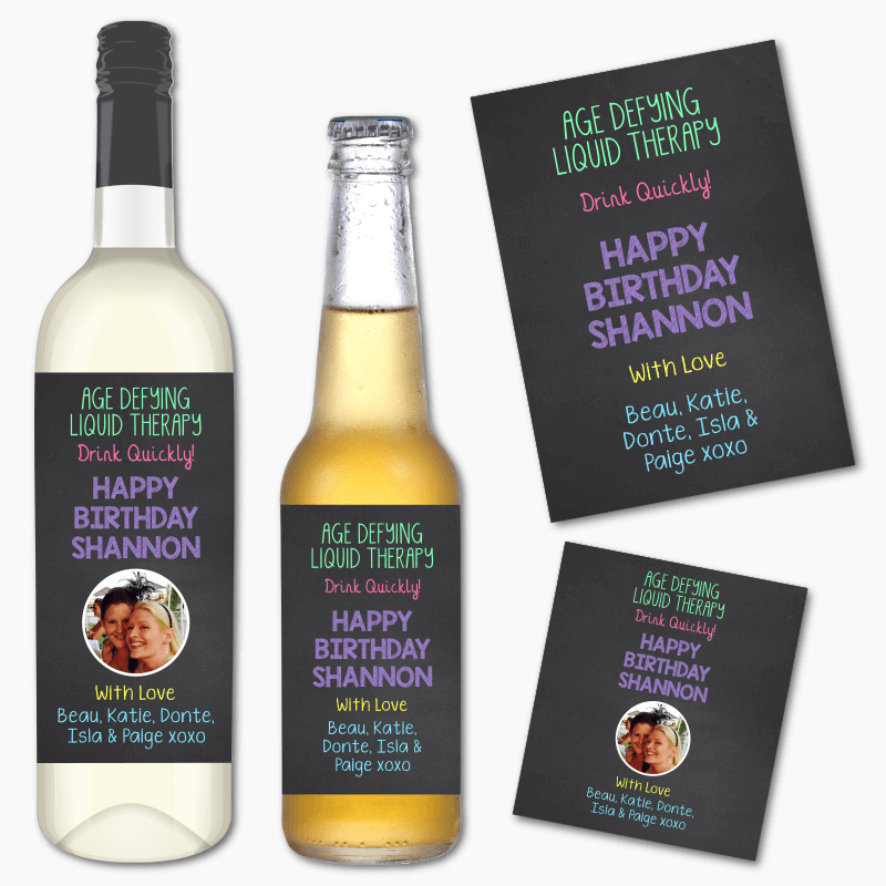 Personalised &#39;Age Defying Liquid Therapy&#39; Birthday Gift Wine &amp; Beer Labels