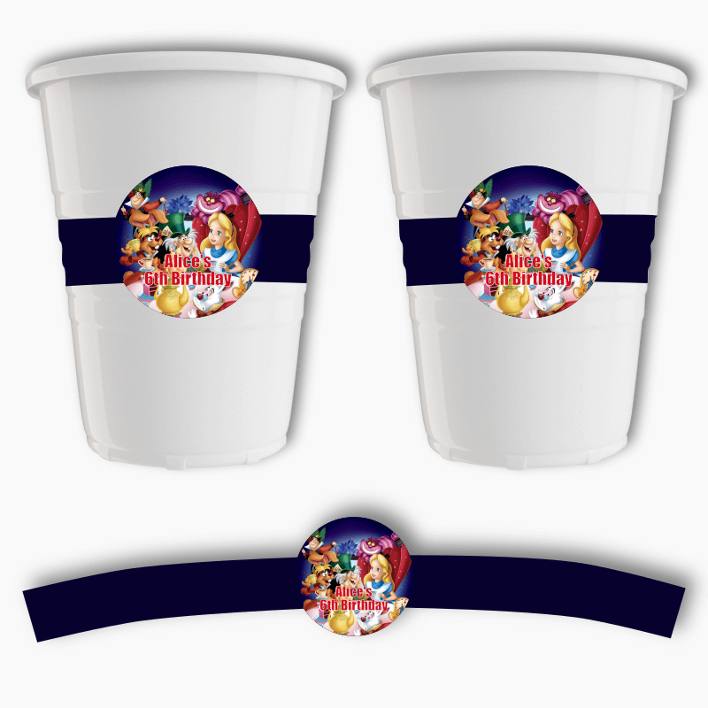Personalised Alice in Wonderland Birthday Party Cup Stickers