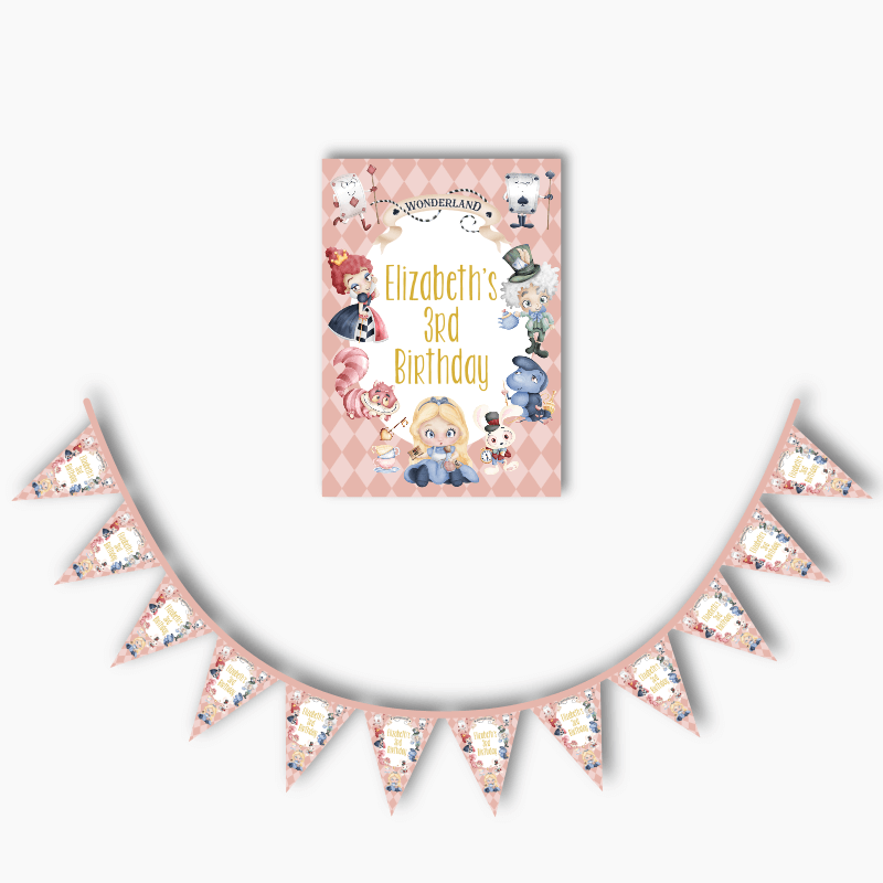 Personalised Alice in Wonderland &#39;Tea Party&#39; Poster &amp; Bunting Combo