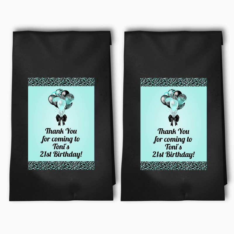 Personalised Aqua & Black Balloons Birthday Party Bags & Labels