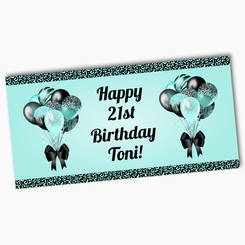 Personalised Aqua & Black Balloons Birthday Party Banners