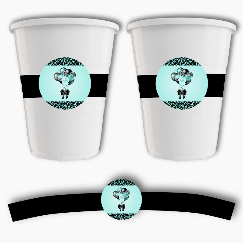 Aqua &amp; Black Balloons Birthday Party Cup Stickers