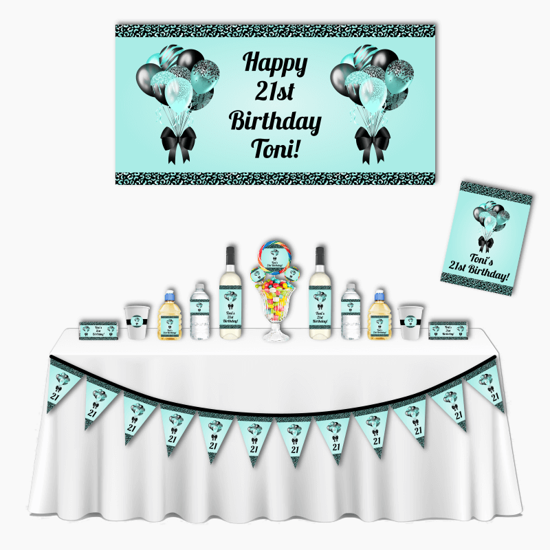 Personalised Aqua &amp; Black Balloons Deluxe Birthday Party Decorations Pack