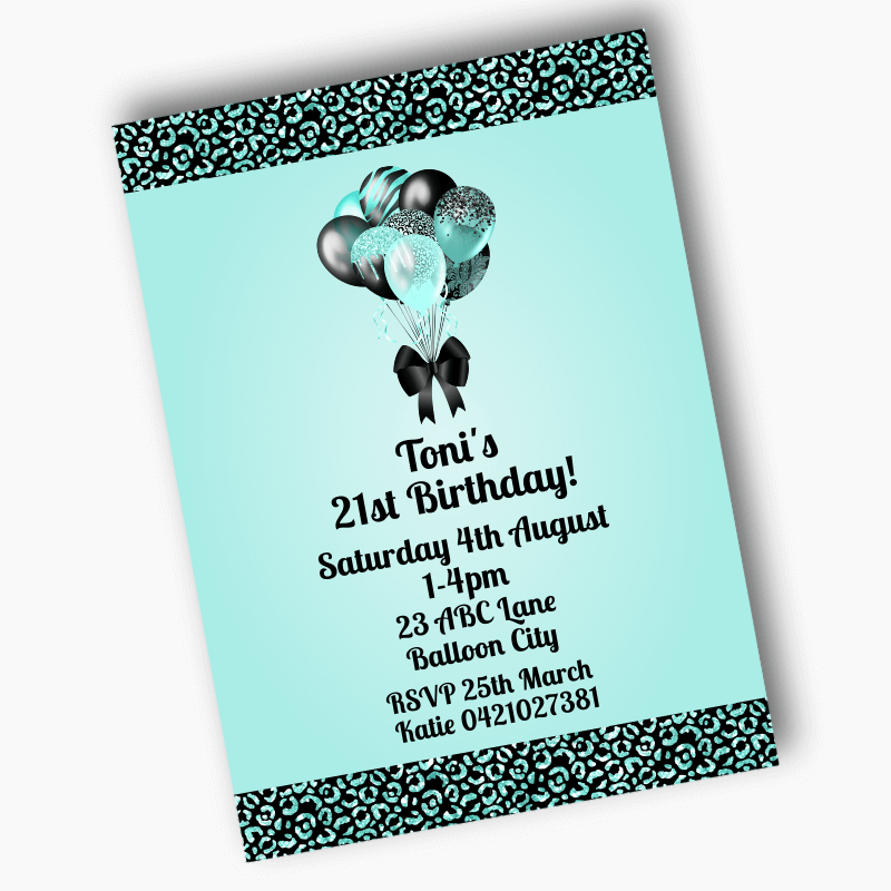 Personalised Aqua & Black Balloons Birthday Party Invites