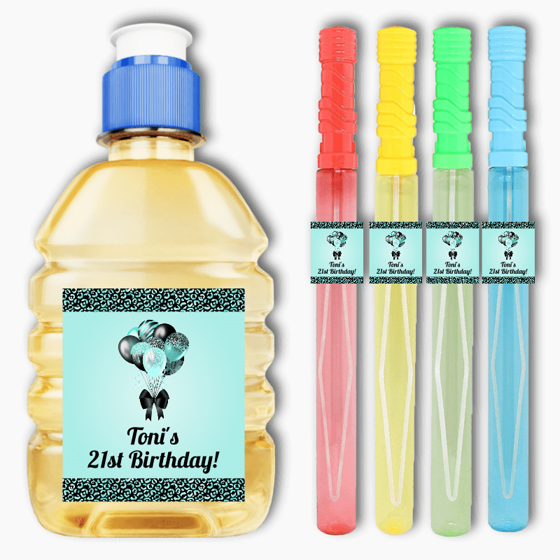 Personalised Aqua & Black Balloons Birthday Party Rectangle Favour Stickers